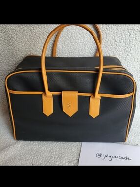 YSL Authentic Yves Saint Laurent Black Tan Leather Duffle Boston Bag